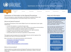 [ai] A webpage from the United Nations Human Rights Office, titled 'Submission of Information to the Special Procedures.' It outlines procedures for reporting human rights issues, including sections on victims and discussions, as well as links for further information.